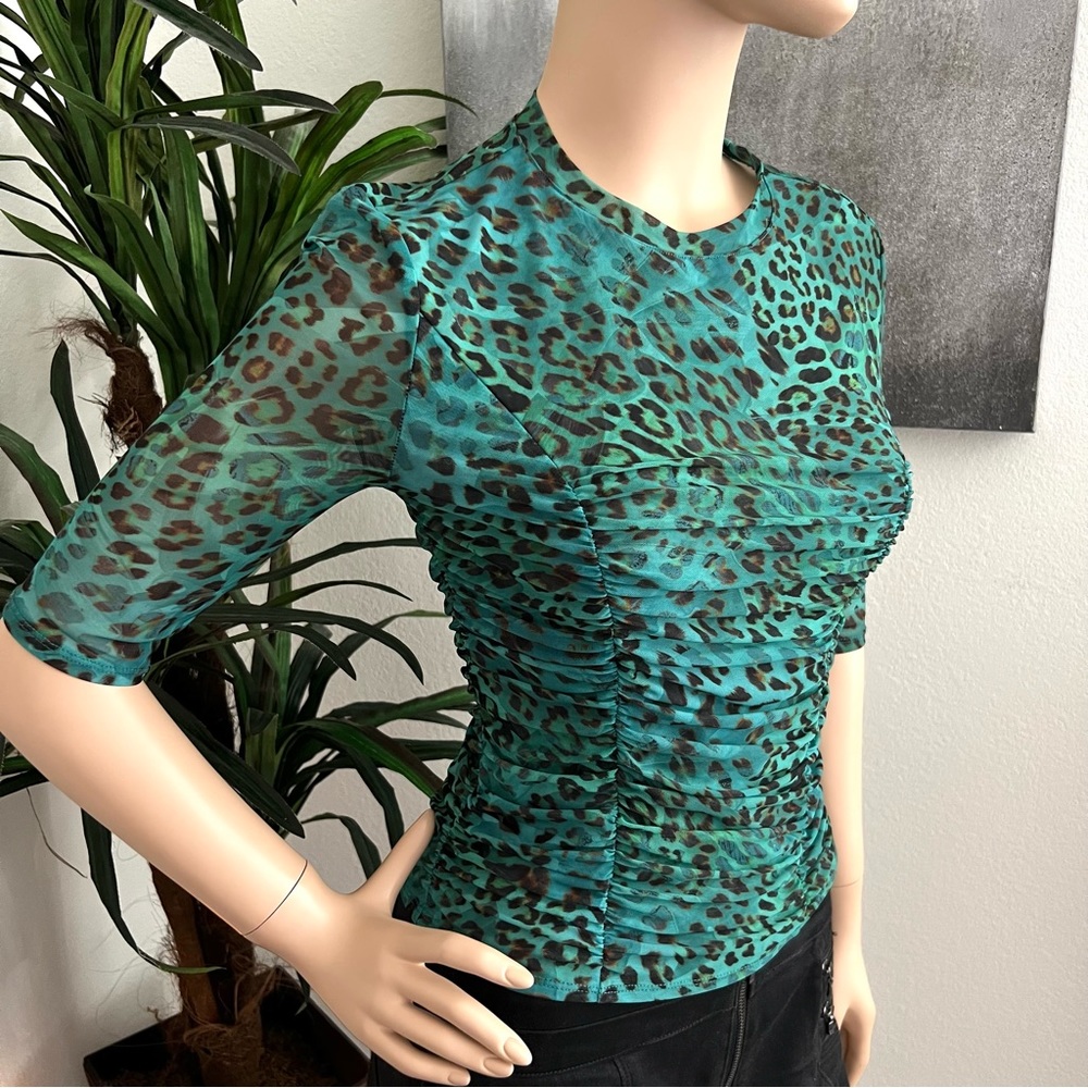 Guess Green & Black Animal Print Short Sleeve Top